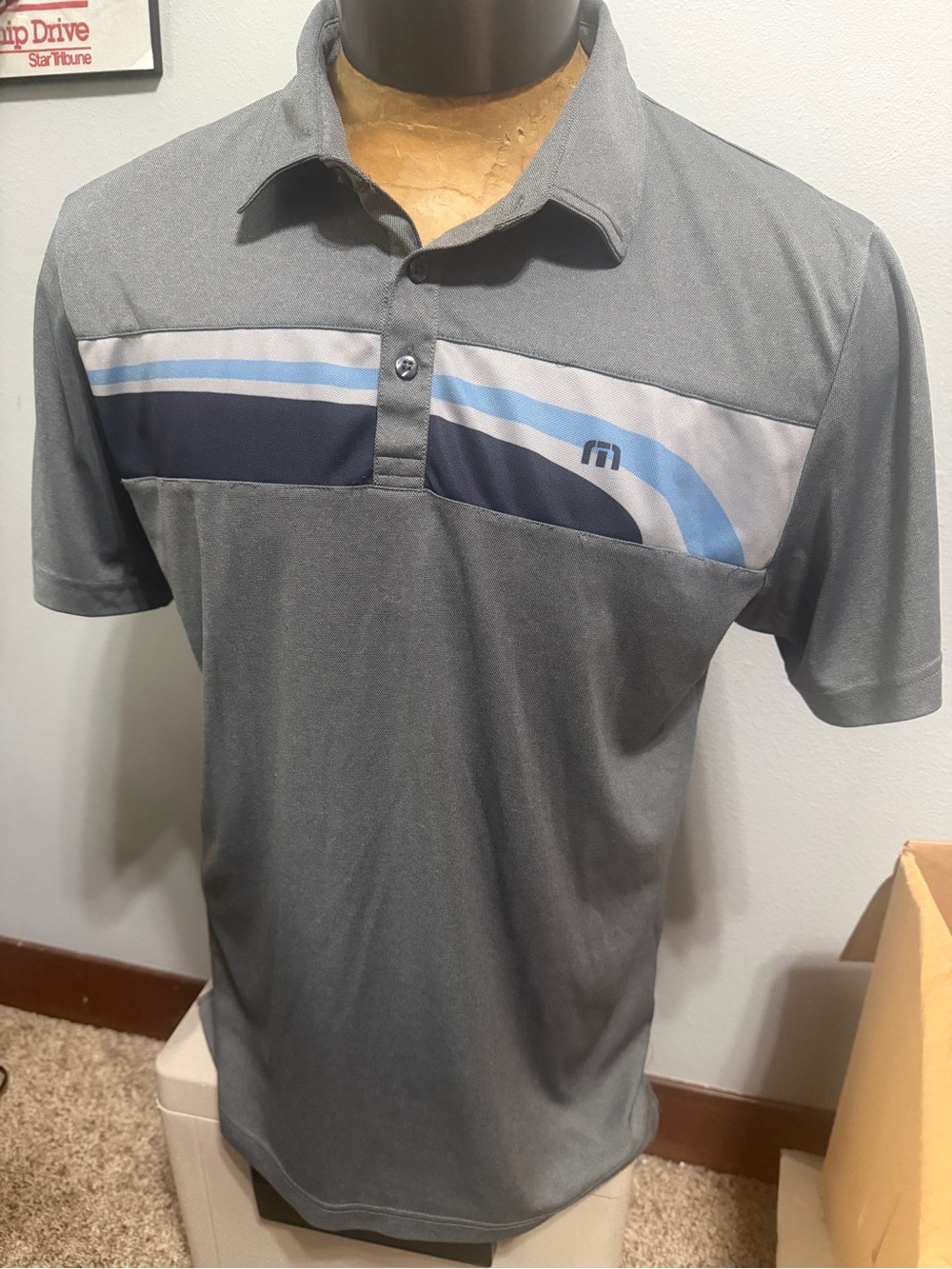 Travis Mathew Men's Gray Performance Polo with Blue Accent - FootJoy